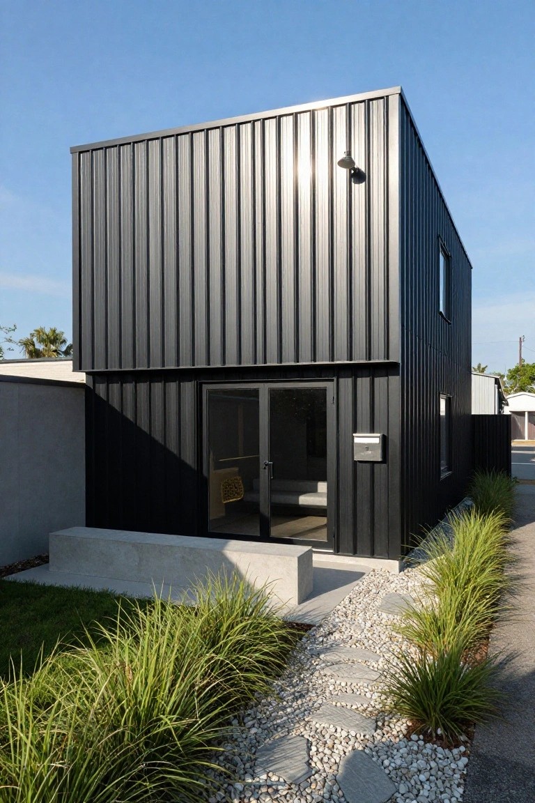 Corner view of a small rectangular house with black corrugated metal siding, glass entry doors, concrete bench, mailbox, small window, pebble pathway lined with grasses, gray fence, and blue sky.