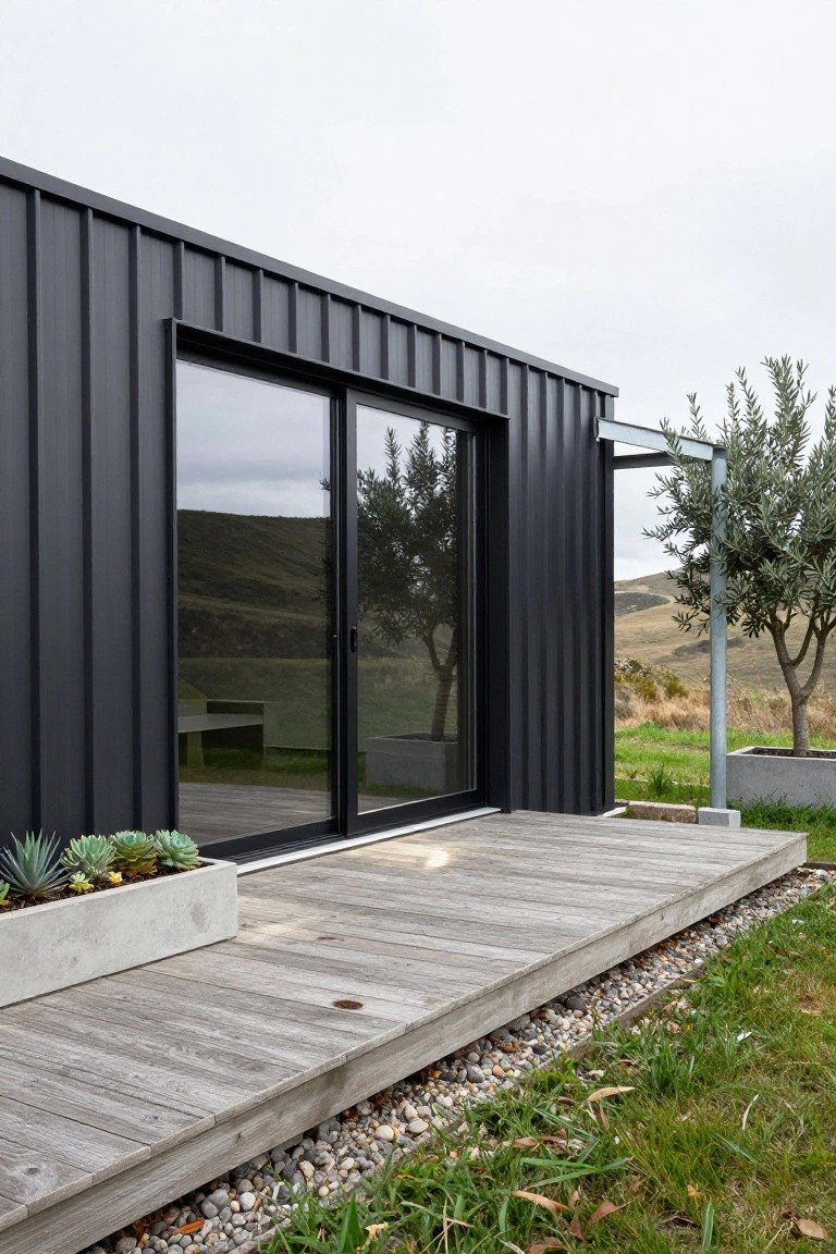 Side exterior view of a small rectangular black corrugated metal building with large black-framed sliding glass doors, a wooden deck, concrete planter with succulents, gravel edging, grass, and an olive tree against grassy hills.