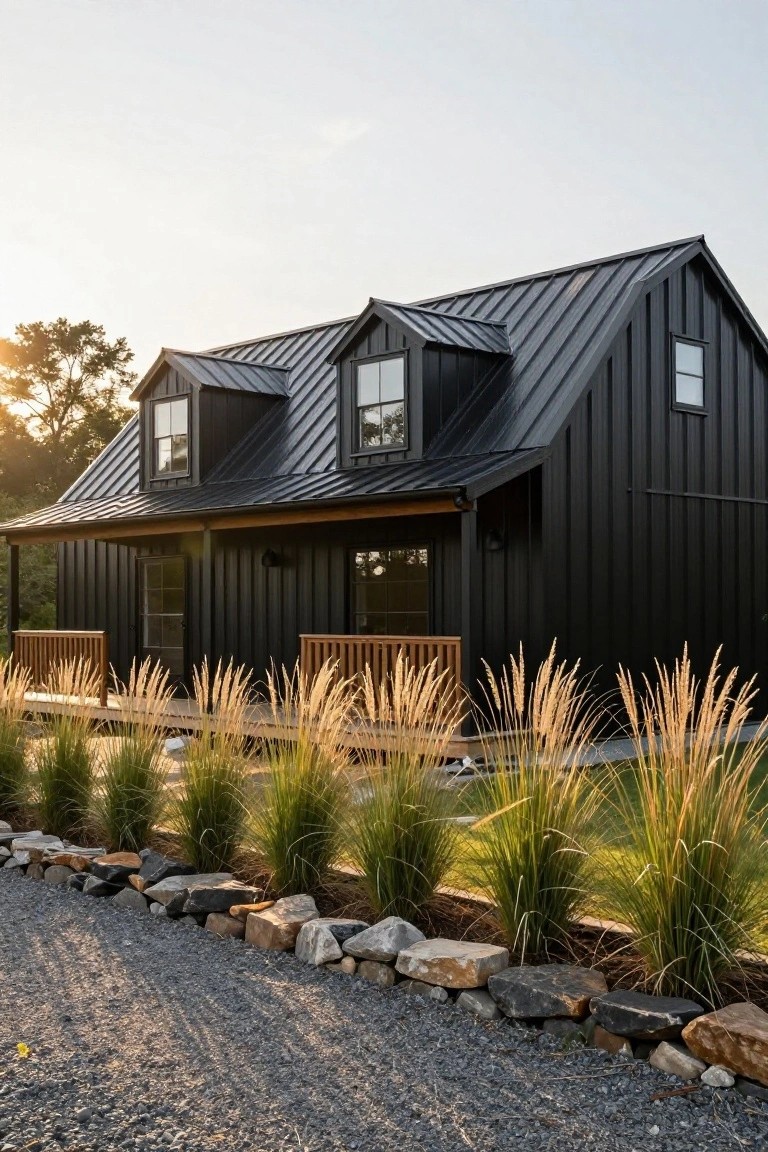 Small black metal-sided house with gabled metal roof, dormer windows, wooden porch railing, tall ornamental grasses, rock edging, and gravel driveway at sunset.
