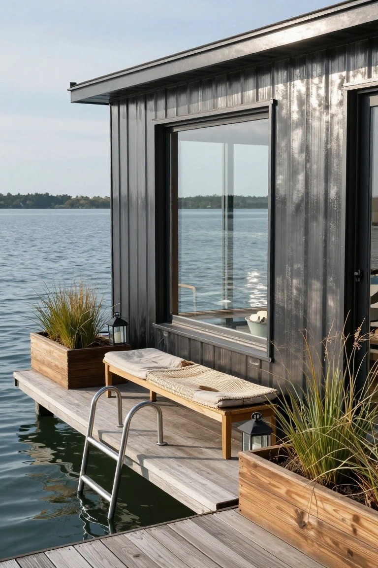 Corner view of a small black corrugated metal house on a wooden dock extending over a lake, showing a large window, cushioned bench, potted grasses, lanterns, and a metal swim ladder.