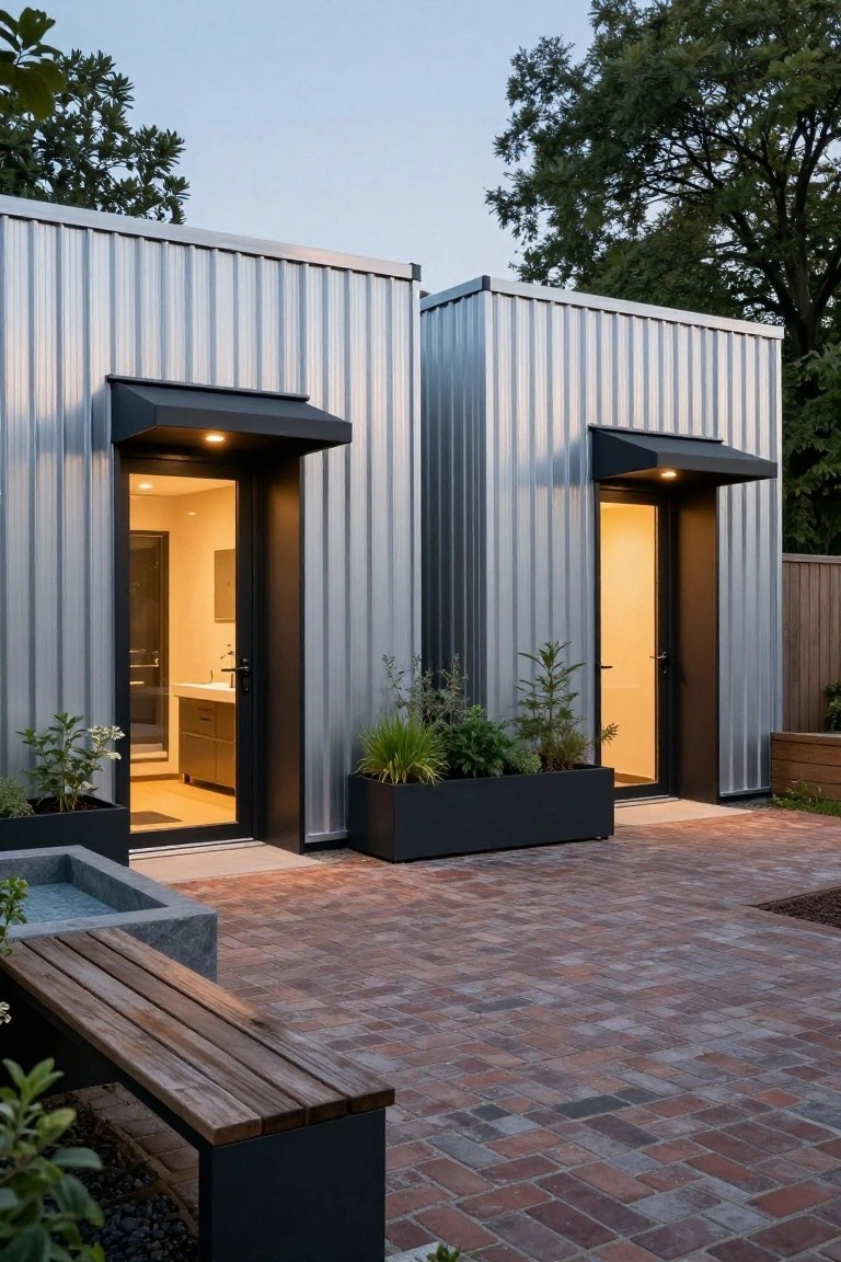 Two small adjacent buildings with corrugated silver metal siding and black metal awnings over glass doors sit on a brick paver patio in a backyard, surrounded by potted plants, a stone water feature, and a wooden bench.