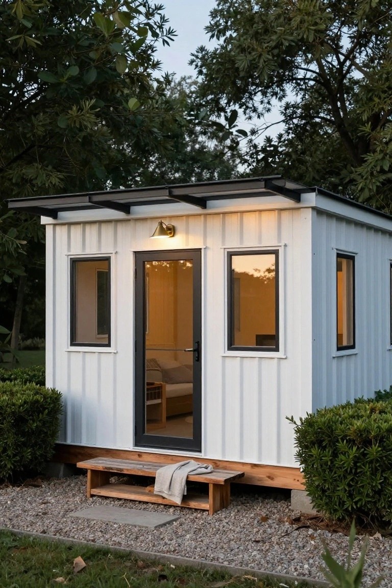 Small white corrugated metal shed with black overhanging roof, framed windows and glass door, exterior wall light, wooden bench on gravel path amid bushes and trees.