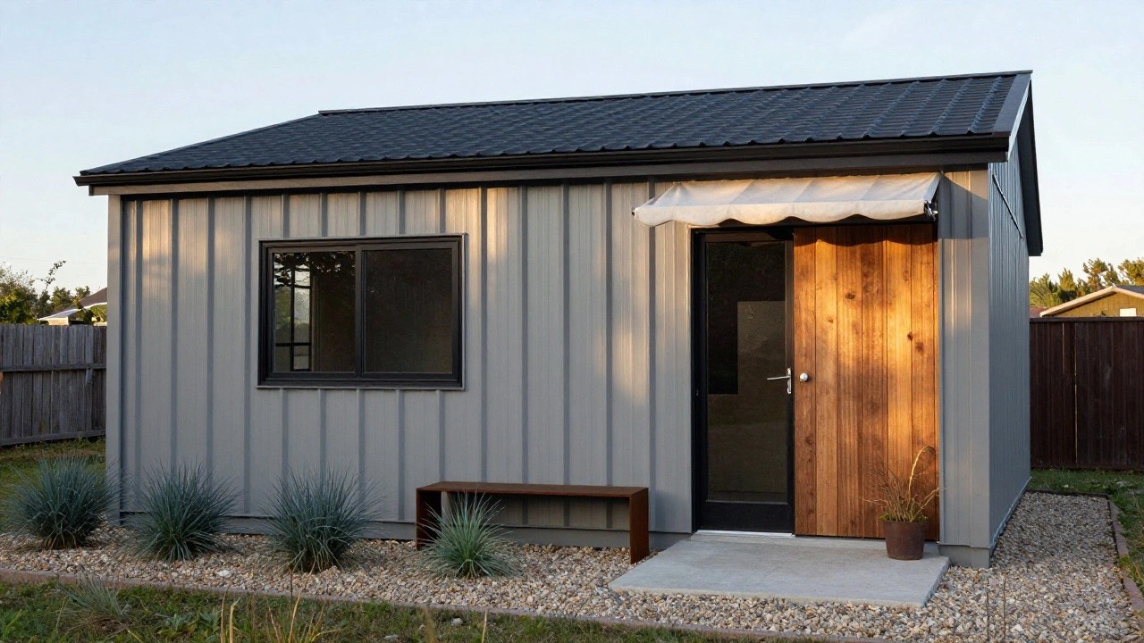 Gray corrugated metal sided small building with black-framed triple window under metal awning, integrated concrete bench, blue agave plants in raised bed, and gravel ground cover beside farm field at sunset.