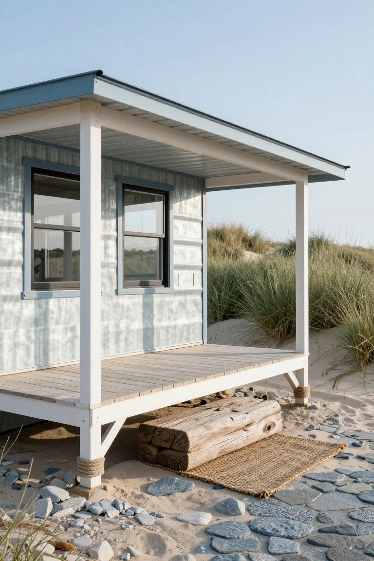 A small elevated beach cabin with corrugated blue-gray metal siding, white wooden posts and porch, and driftwood steps on a sandy dune landscape with beach grass.