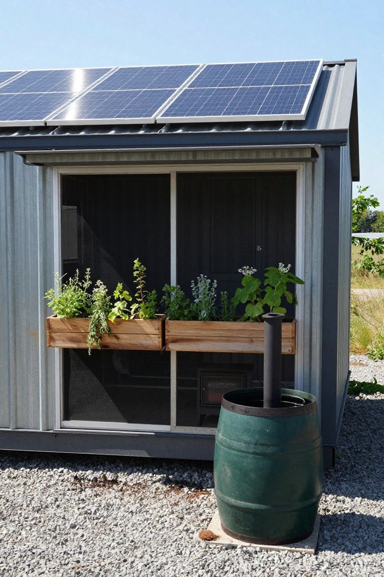 Small gray metal shed with solar panels on the slanted roof, wooden planter boxes of herbs below a sliding glass window and screen door, metal chimney pipe, green plastic barrel on gravel ground.