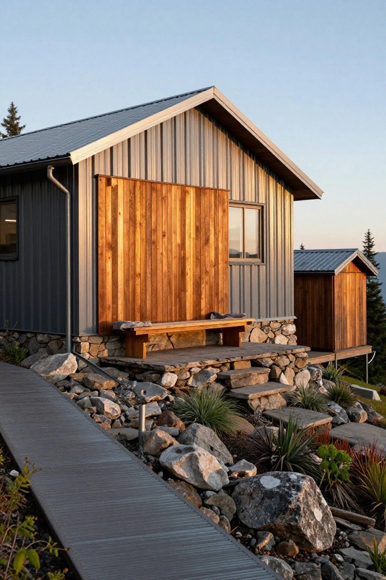 Small cabin with gray corrugated metal siding, large vertical wooden door and window, wooden bench on stone foundation, adjacent wooden shed, rocky landscaping, and boardwalk path on hillside at sunset.