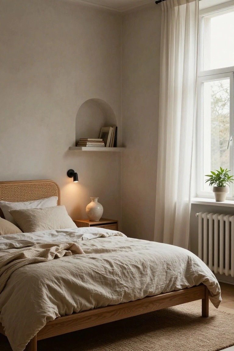 A small minimalist bedroom with textured beige walls, an arched wall niche shelf holding stacked books above a rattan headboard bed with white linen bedding and pillows, oak nightstand with ceramic vase, black wall lamp lit warmly, sheer curtains on a large window with potted plant on sill, white radiator, and seagrass rug on wood floor.