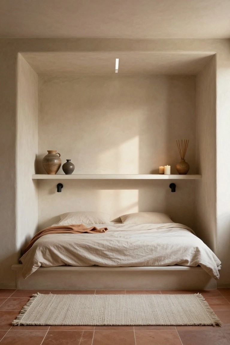 A minimalist bedroom with a recessed beige wall alcove above a low platform bed, featuring floating shelves holding ceramic vases, reed sticks in a pot, and lit candles, neutral linens with an orange throw, fringed white rug, and terracotta tile floor.