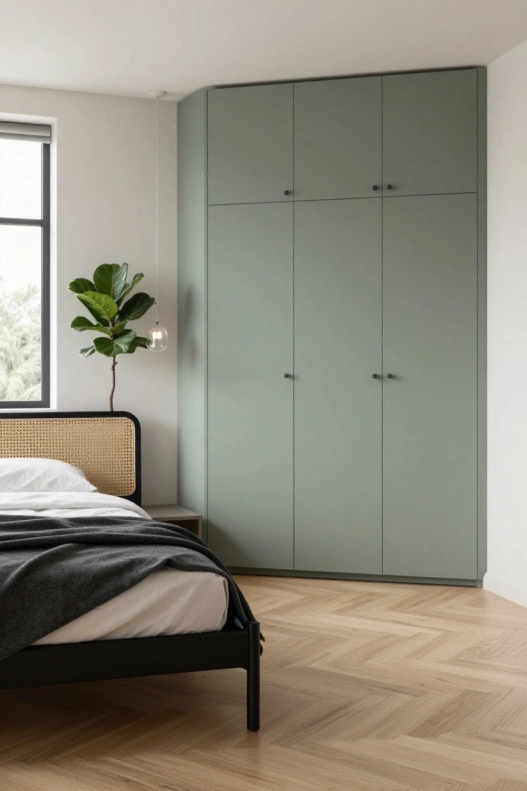 Minimalist bedroom with tall sage green corner wardrobe, black metal bed frame with rattan headboard, white bedding, gray throw, small side table, fiddle leaf fig plant hanging near window with roller blind, and herringbone oak floor.
