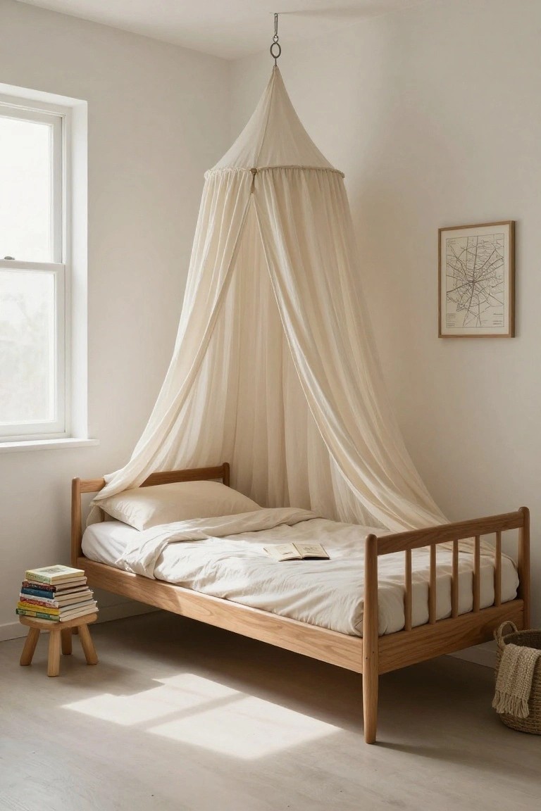 Small wooden spindle bed with white bedding and open book under a hanging sheer white canopy in a light beige minimalist bedroom with window light and stack of colorful books on wooden stool.