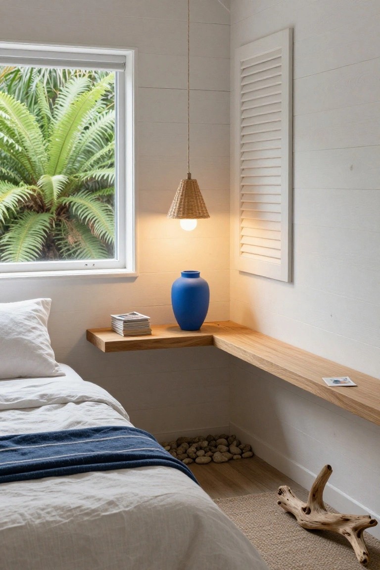 Minimalist bedroom corner featuring a white bed with blue blanket, floating wooden shelf with stacked magazines and blue vase, rattan pendant lamp, and window overlooking green ferns.