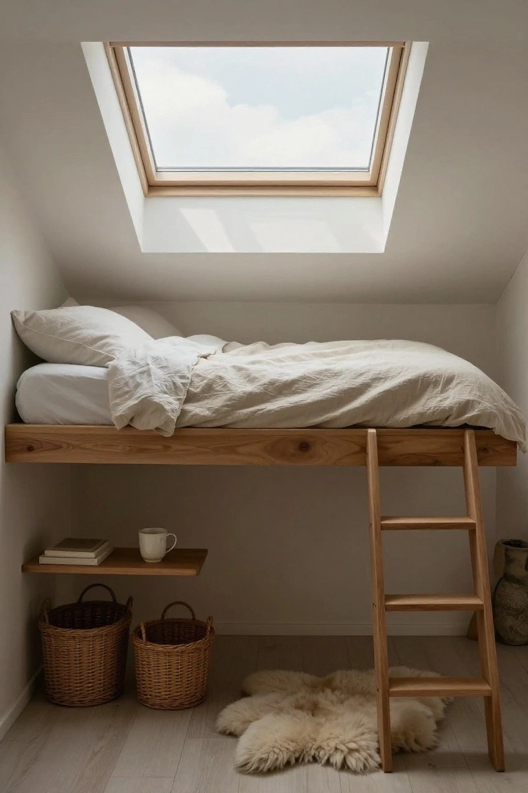 Small attic bedroom with a raised wooden loft bed under a skylight, accessed by a ladder, white linens on the bed, wooden shelf with books and mug below, two wicker baskets, a sheepskin rug, and light wood floors.