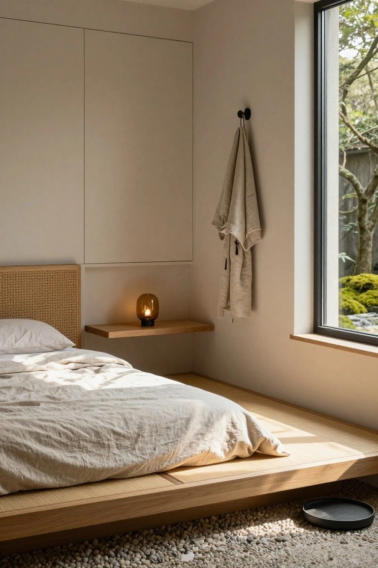 Minimalist bedroom with low wooden platform bed draped in white linens, rattan headboard, floating wooden shelf holding a glass lamp, beige walls, hanging linen towel, large window to garden view, and pebble flooring.