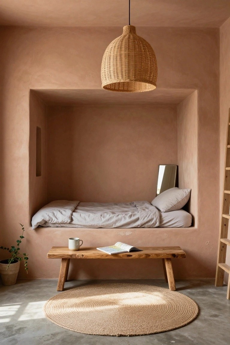 A minimalist bedroom alcove with a recessed bed on a low platform, gray linens, small mirror, wooden ladder, bench with mug and book, potted plant, seagrass rug, and woven pendant light against terracotta walls.