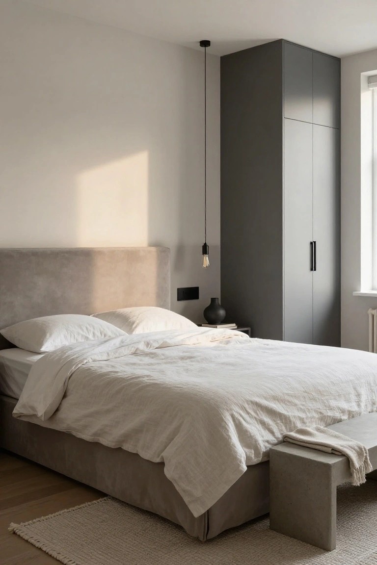 A minimalist bedroom with a gray upholstered bed frame, white linen bedding, tall gray wardrobe, black pendant light, concrete bench at the bed foot, and natural window light on light wood floors.