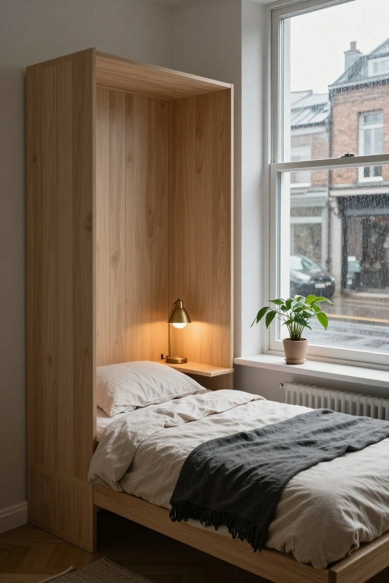 A small minimalist bedroom with light wooden built-in panels forming an open alcove around a low bed draped in white linens and a gray throw, a brass lamp on a shelf, potted plant on the windowsill overlooking a rainy street, and a radiator below.