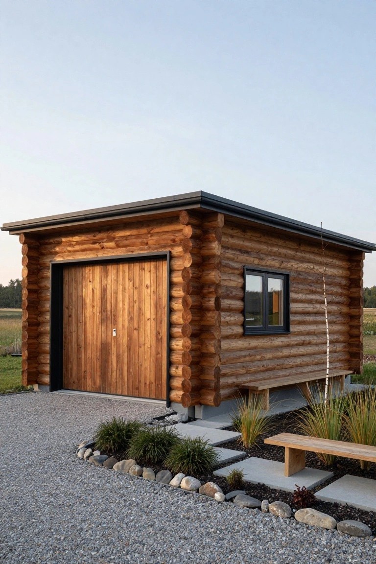 Compact log cabin-style garage with round timber walls, large wooden garage door with black frame, black-framed window, metal roof, gravel driveway, stone borders, grasses, and wooden bench.