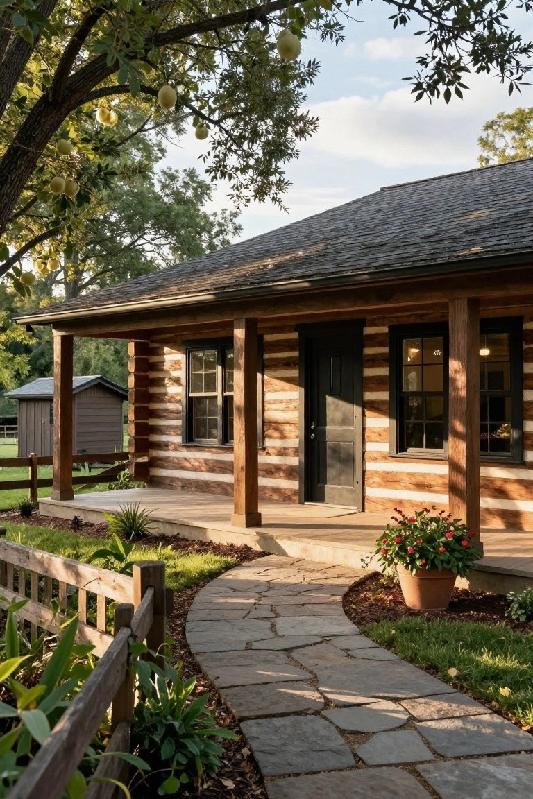 Log cabin exterior featuring horizontal round logs with white chinking, covered front porch with timber posts, black front door, windows, stone pathway, potted flowers, picket fence, and surrounding trees.