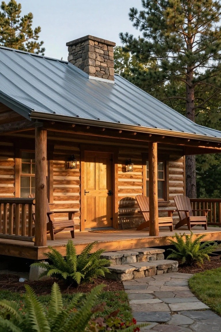 Log cabin with gray standing seam metal shed roof, stone chimney, log walls, covered wooden porch with Adirondack chairs, flanked by pine trees and a stone path with ferns.