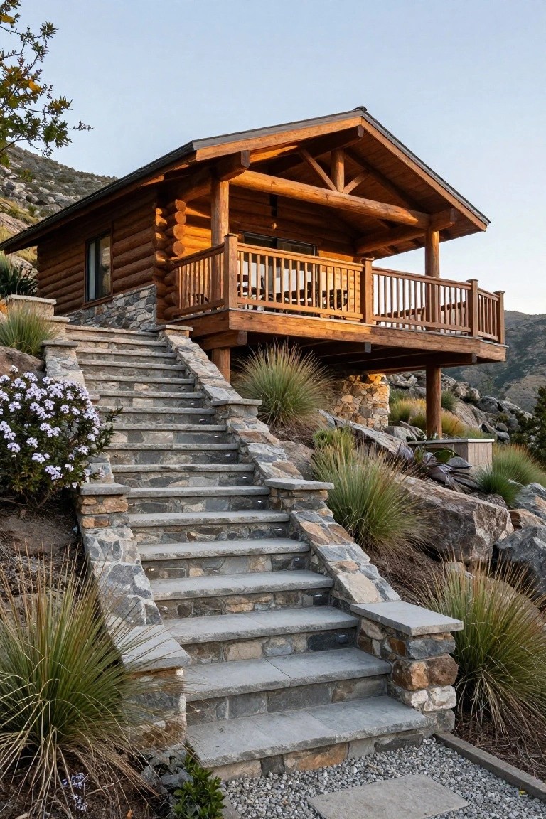 A log cabin with wooden log exterior and deck balcony elevated on a rocky hillside, accessed by wide stone steps lined with grasses and shrubs.