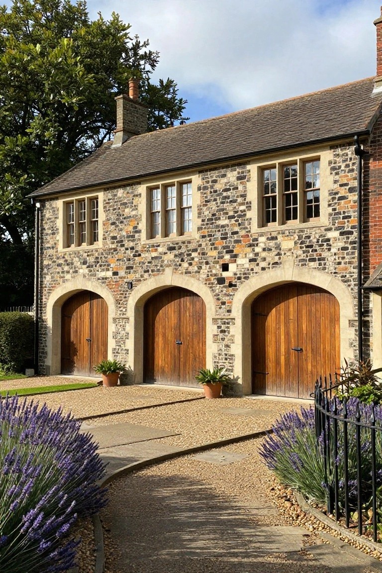 Stone house exterior with three large arched wooden garage doors, flanked by multi-pane windows, a gravel driveway edged with lavender plants, and potted greenery.
