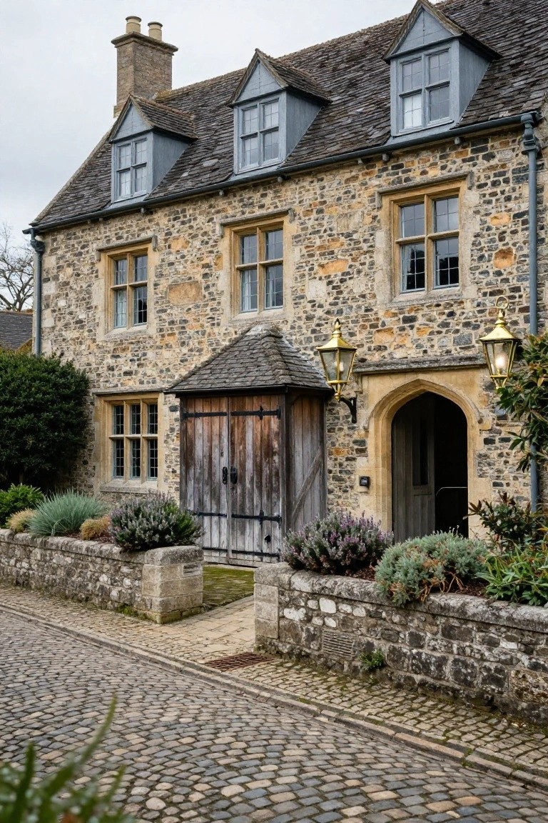 Stone manor house exterior featuring an arched entry door flanked by two brass lanterns, adjacent wooden double doors under a small porch, low stone wall with plantings, and cobblestone street.
