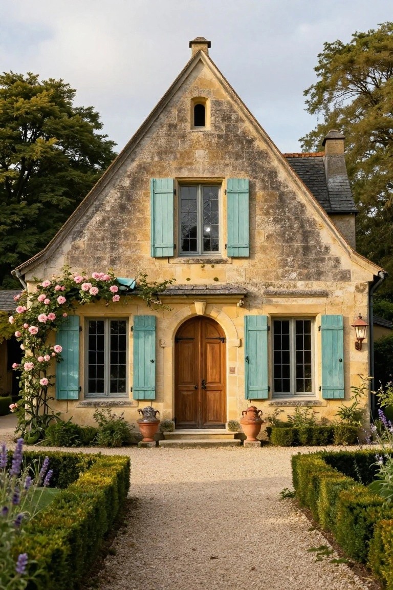 A small weathered yellow stone house with a steep gabled roof, turquoise shutters on the windows, pink climbing roses draping the left facade, arched wooden front door flanked by terracotta urns, gravel path edged by boxwood hedges and lavender plants.
