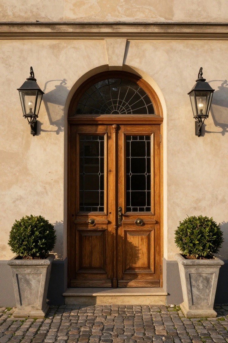 Beige stucco wall with tall double wooden doors featuring vertical leaded glass panels, arched fanlight window above, flanked by black lanterns and stone pots holding trimmed boxwood shrubs, on a cobblestone pathway.