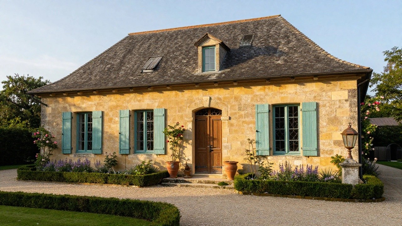 A small weathered yellow stone house with a steep gabled roof, turquoise shutters on the windows, pink climbing roses draping the left facade, arched wooden front door flanked by terracotta urns, gravel path edged by boxwood hedges and lavender plants.