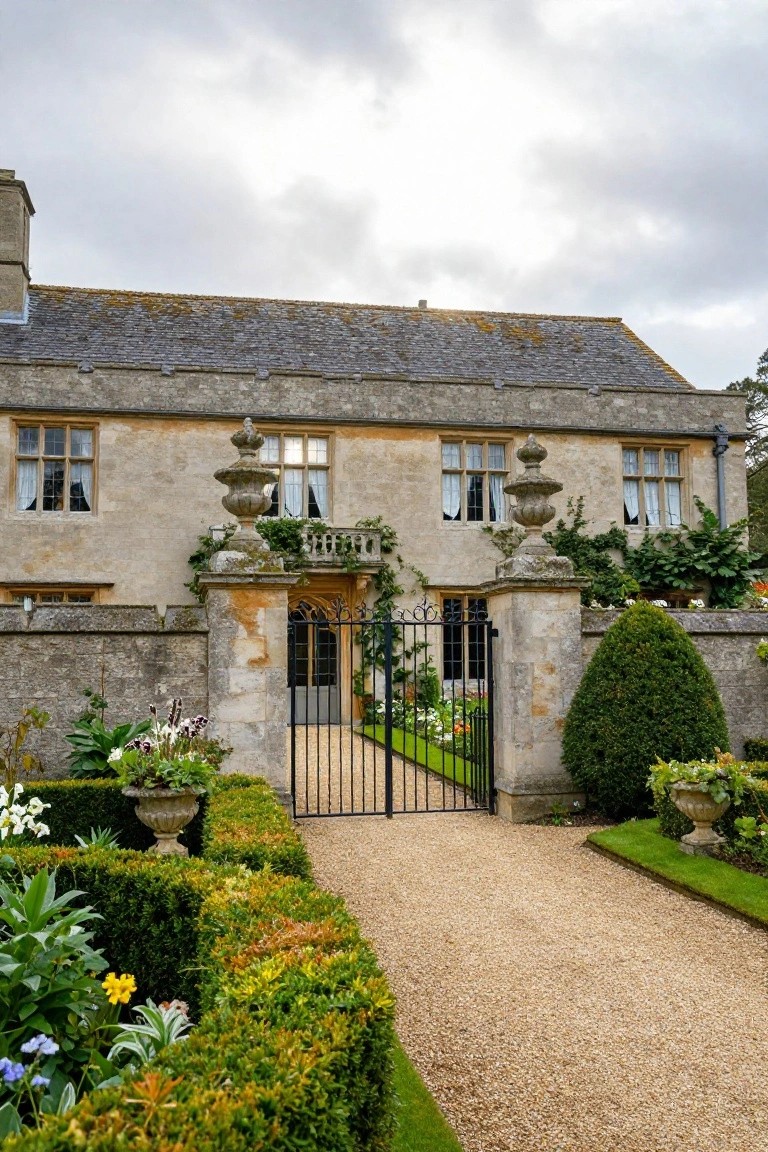 Beige stone manor house exterior with a black wrought-iron gate between stone pillars, flanked by hedges, urns with flowers, and a gravel pathway under overcast skies.