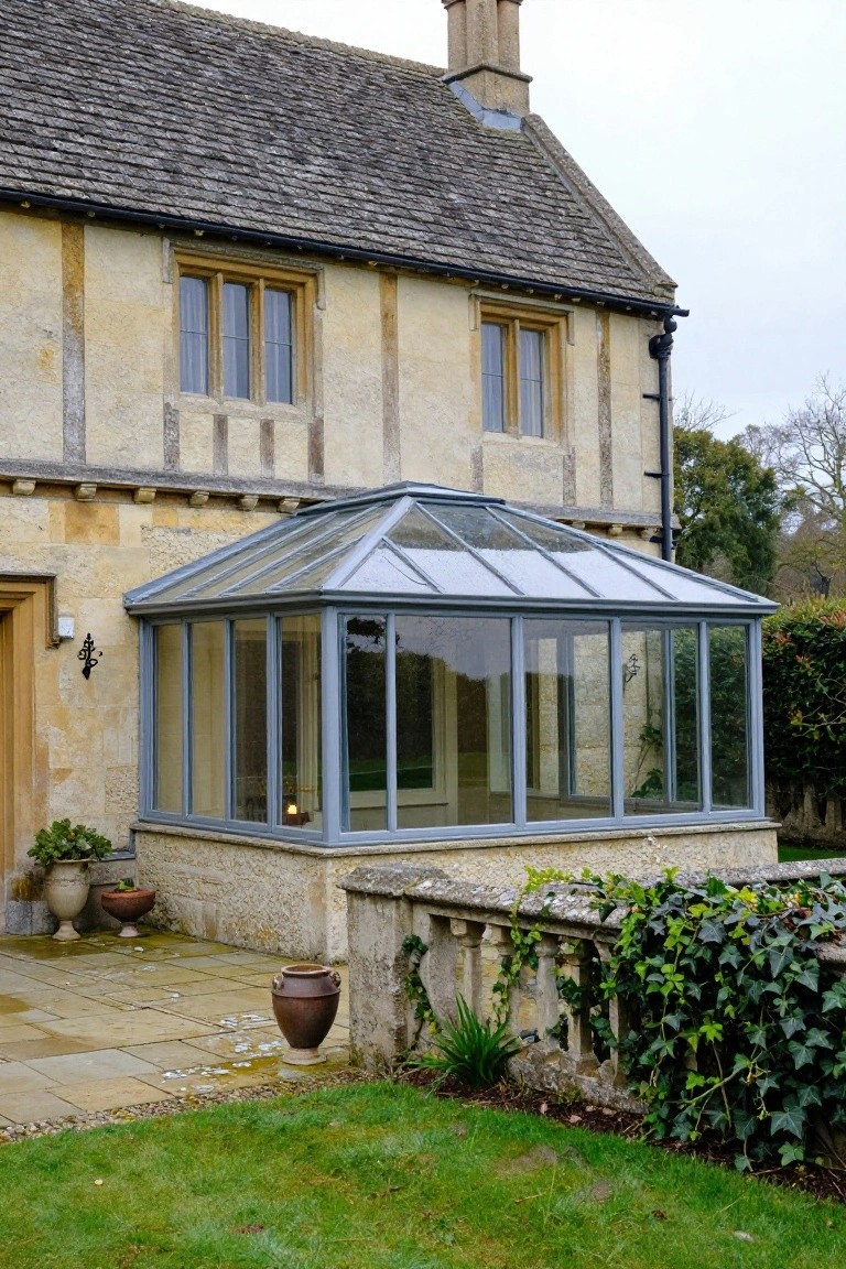 Side view of a beige stone house with timber framing and leaded windows, attached grey-framed glass conservatory extension with pitched roof, wooden entry door, stone patio with potted plants, ivy-covered balustrade, and surrounding lawn and shrubs.