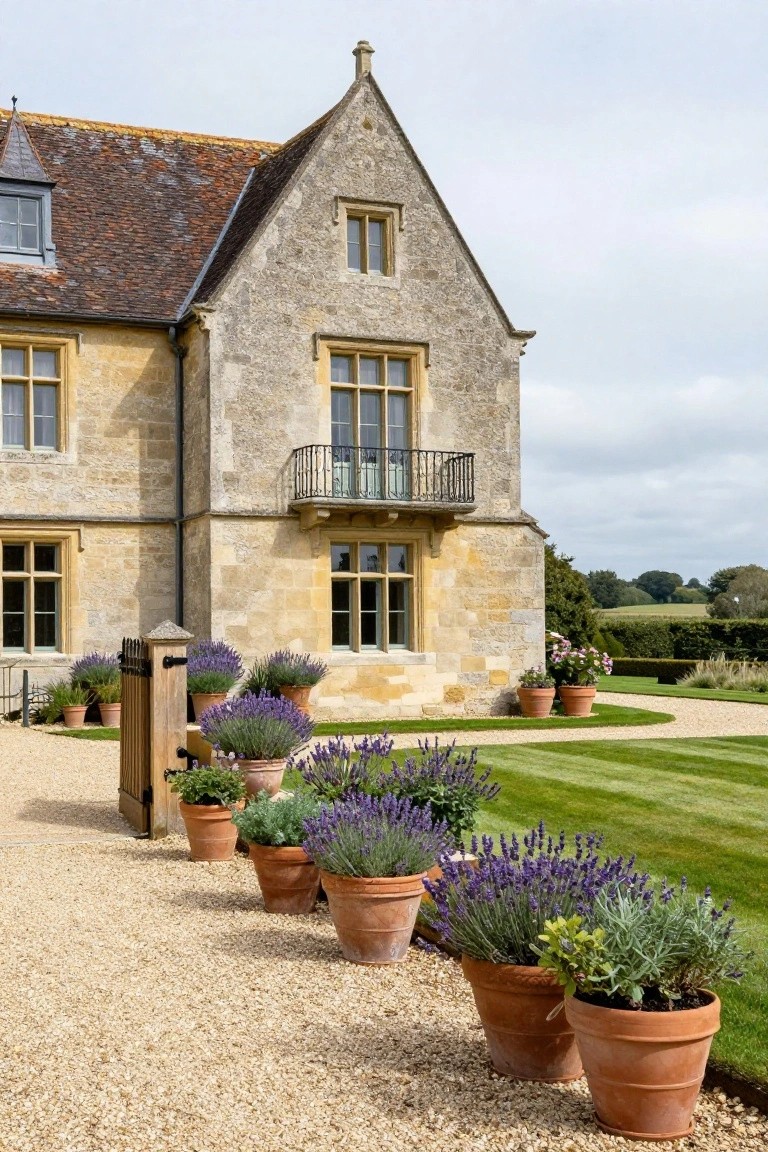 Beige stone manor house with gabled roof, balcony, and multiple windows, beside a gravel path lined with large terracotta pots of purple lavender plants and a manicured lawn.