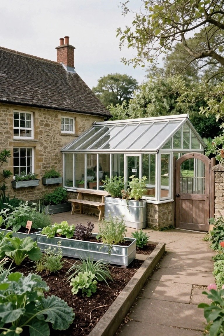 Stone cottage with attached glass greenhouse, wooden bench, galvanized metal planters with vegetables, and stone path beside garden beds.