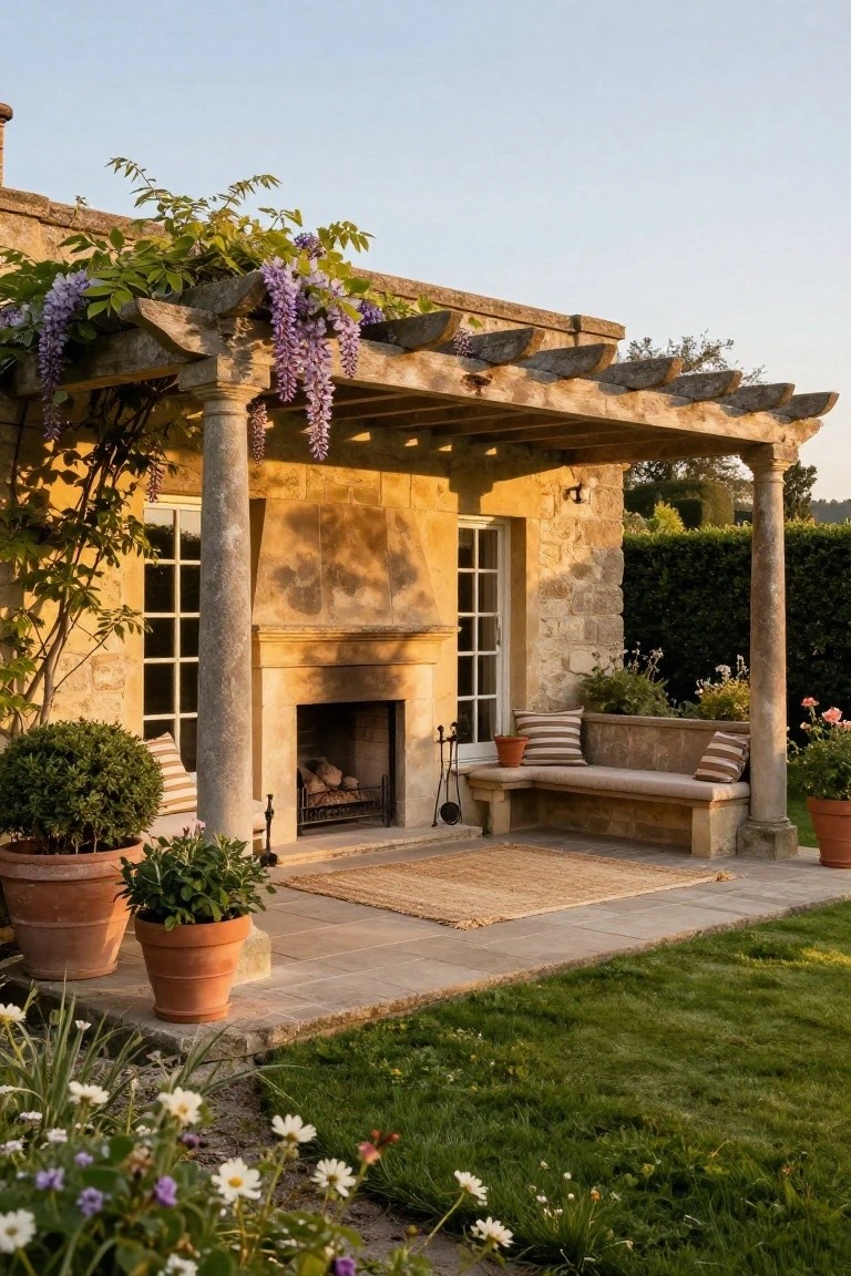 Beige stone house wall with double windows and an outdoor fireplace, shaded by a wooden pergola covered in purple wisteria vines, with a built-in stone bench, striped cushions, potted plants, and a lawn nearby.