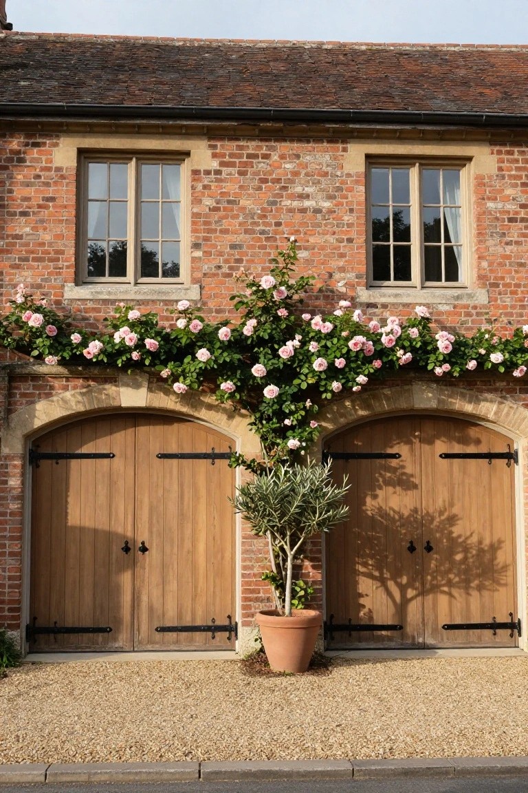 Brick house facade with double arched wooden garage doors covered in pink climbing roses, tall multipane windows above, and a potted olive tree positioned between the doors on a gravel driveway.