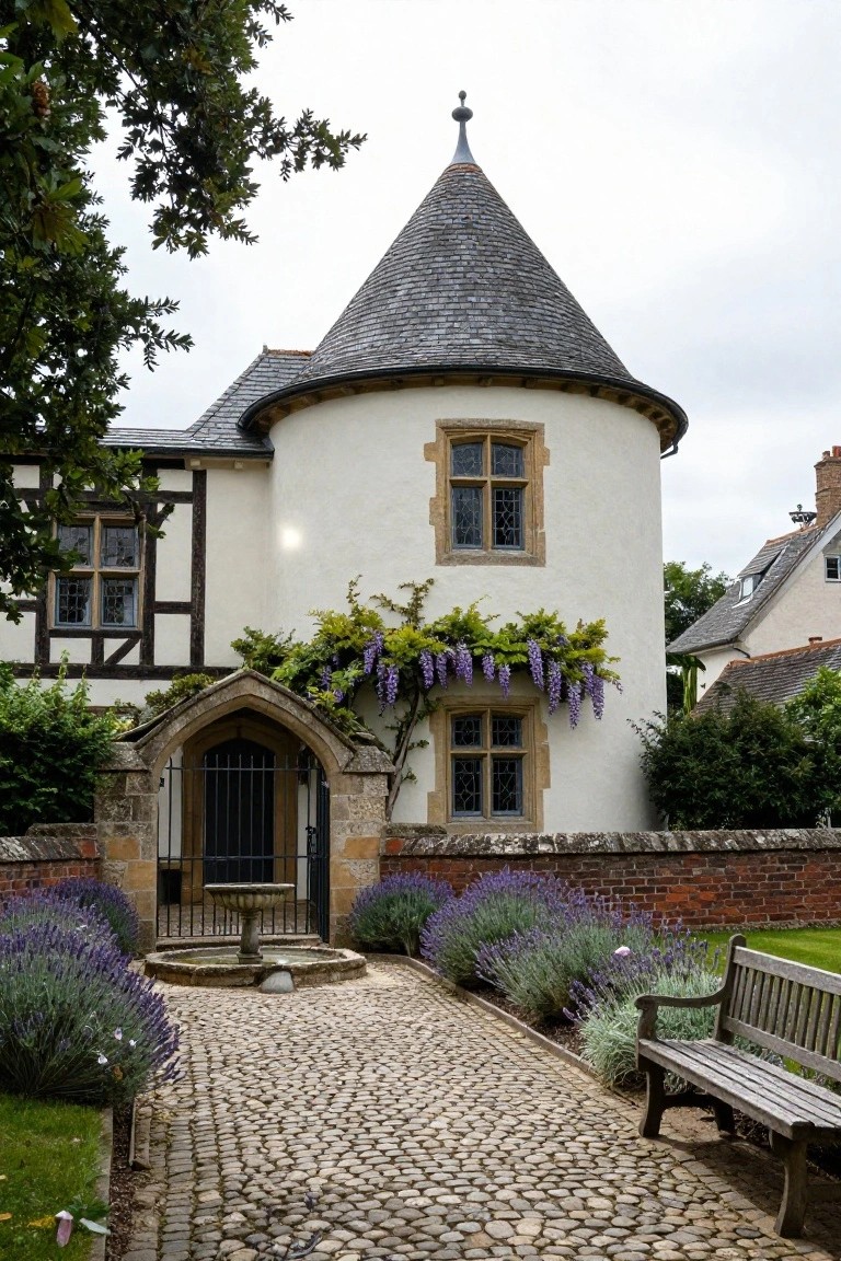 White house exterior featuring a tall round turret with conical slate roof and leaded windows, half-timbered walls, arched stone gateway with black iron gate and wooden door, central fountain, lavender plantings along a brick wall, cobblestone path, and wooden bench in a garden setting.