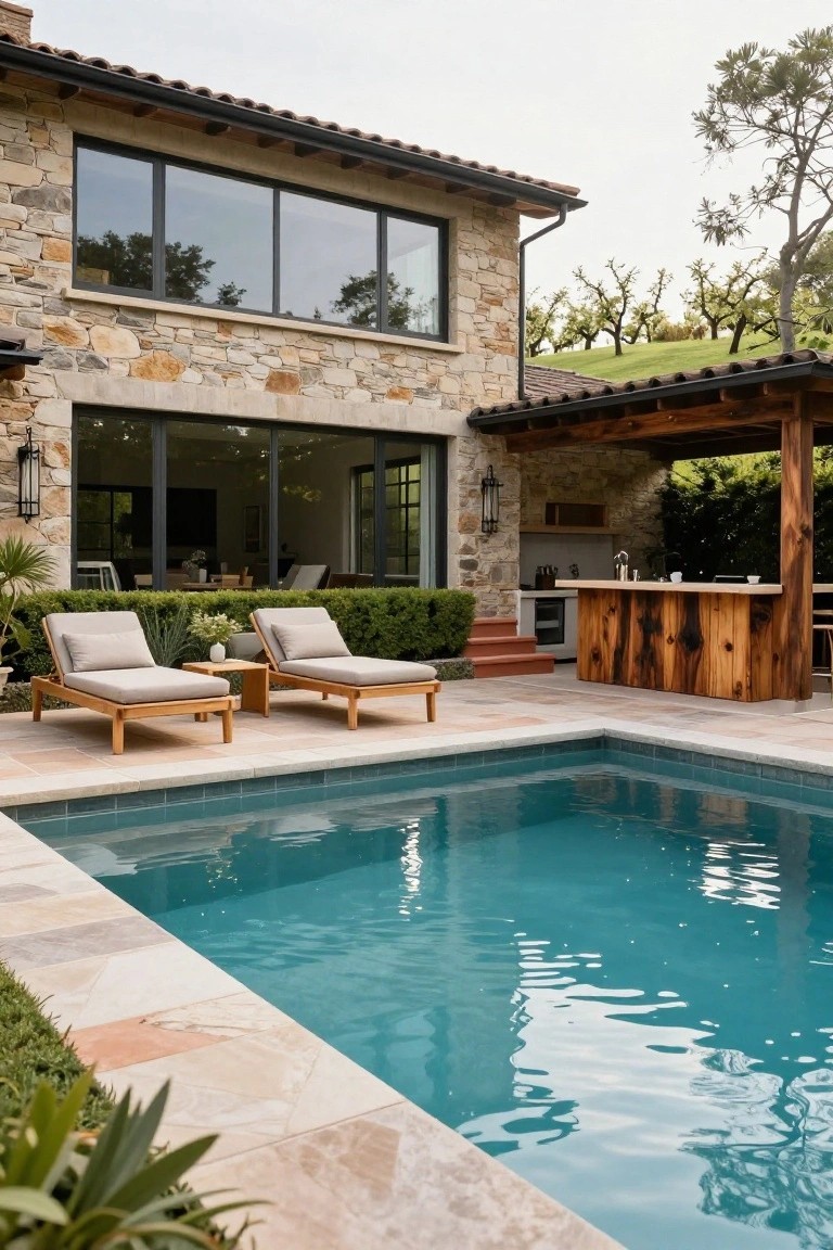Stone house exterior with large windows overlooking a turquoise pool, two teak lounge chairs on tiled decking, rustic wooden bar and outdoor kitchen under a pergola, surrounded by hedges and agave plants.