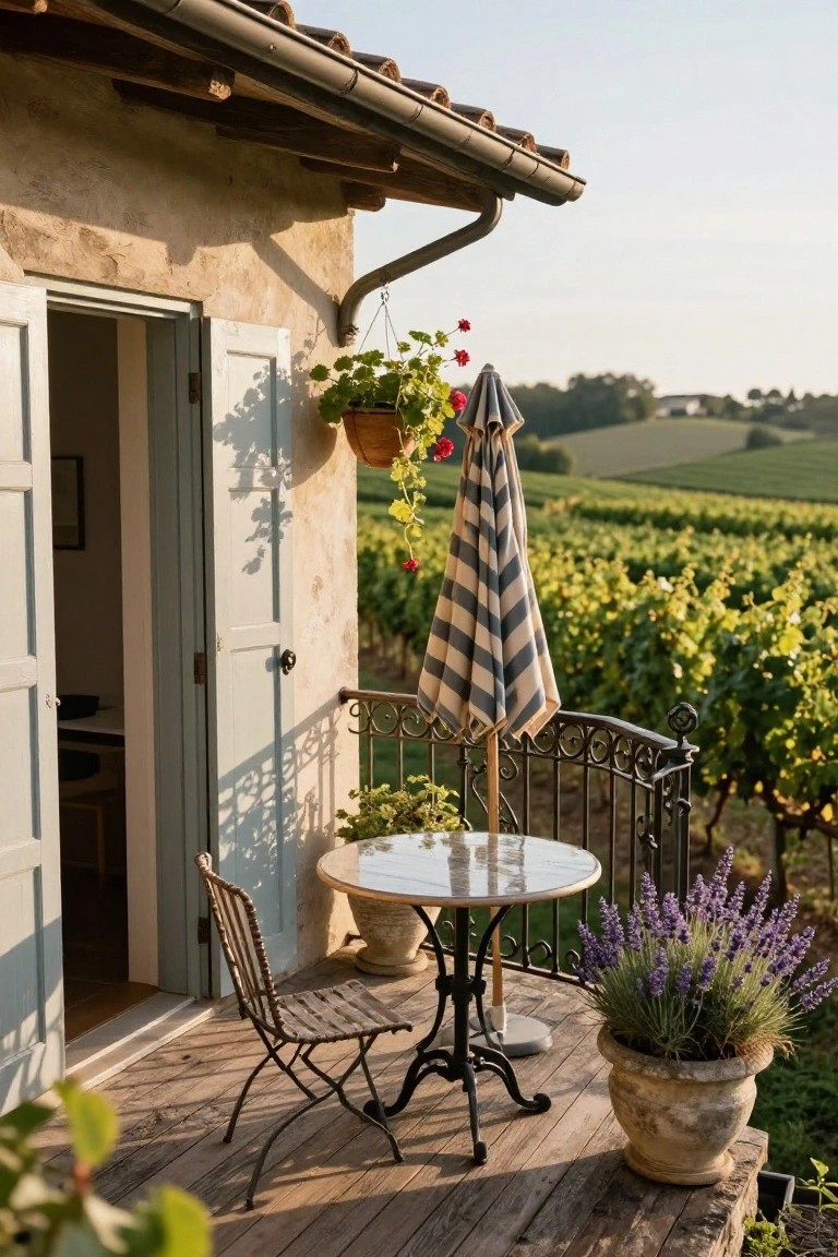 Rustic stone house exterior with open blue shutters on a wooden balcony terrace holding a small round metal table, wicker chair, striped umbrella, potted plants, and lavender, overlooking green vineyards at sunset.