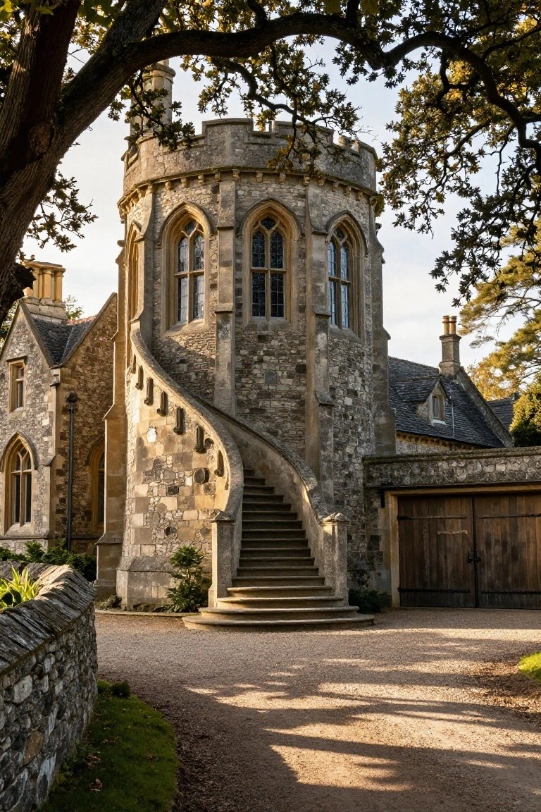 Stone turret tower on a manor house exterior with external spiral stone staircase, arched leaded windows, gravel driveway, wooden garage doors, and surrounding trees and stone wall.