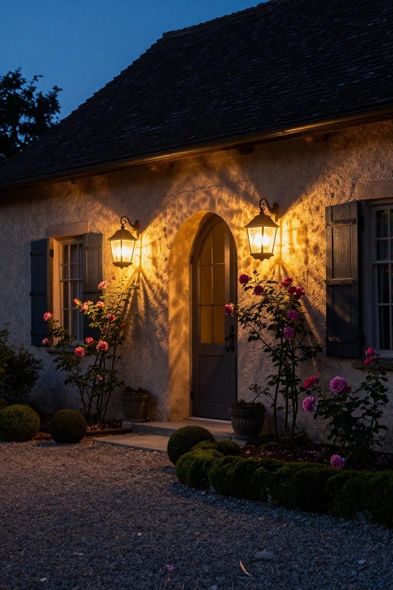Twilight view of a stucco French country house exterior with arched gray wooden door flanked by two lit wall lanterns, pink climbing roses on walls, dark shutters on windows, gravel driveway, and low boxwood shrubs.