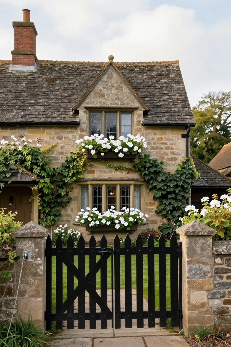 Stone cottage with gabled roof, ivy-covered walls, white flowers in window boxes, and black picket gate with stone pillars at the entrance.