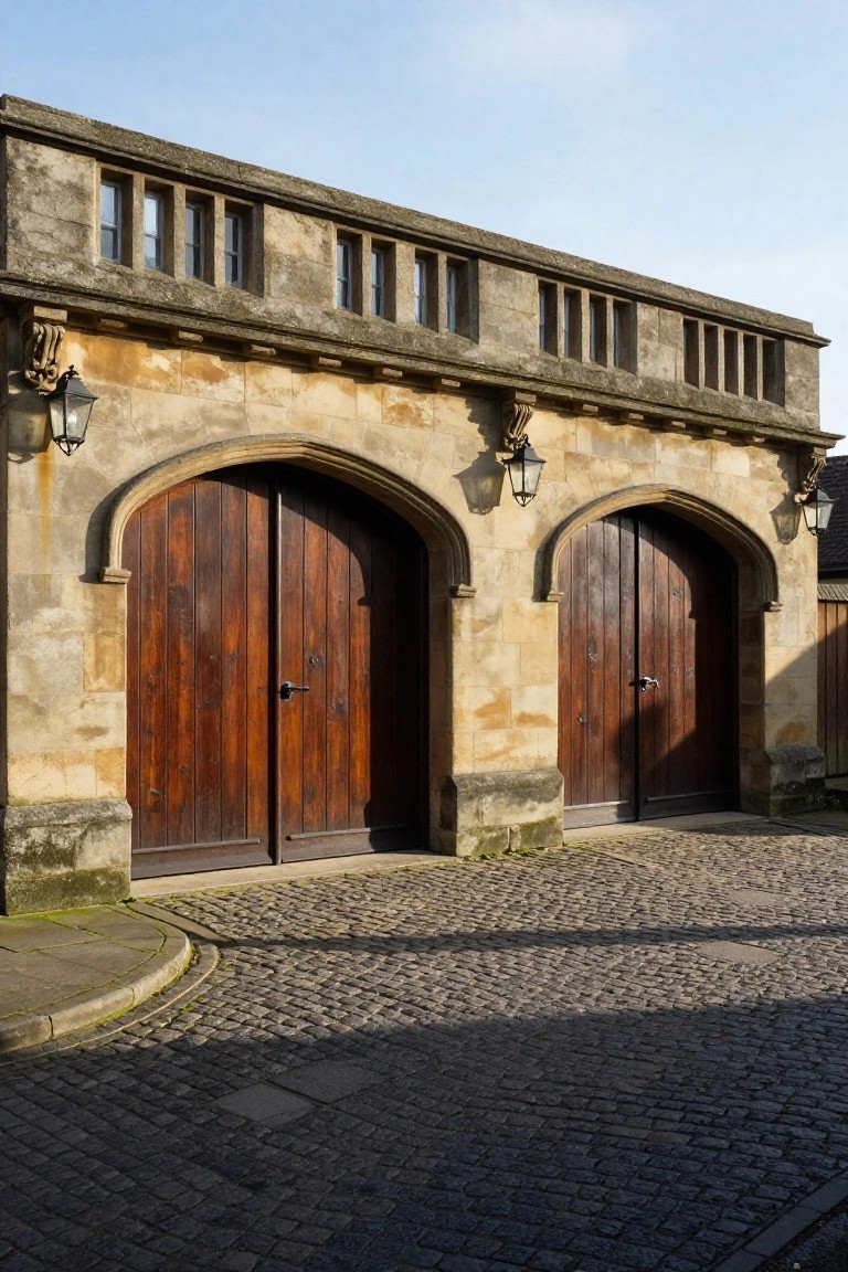 Two large dark wooden double doors with arched tops set into a pale stone wall topped by small windows, flanked by lanterns, with a curved cobblestone path in front.