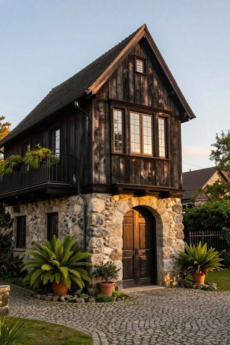 Two-story dark wood half-timbered house with textured stone base, arched wooden entry door, upper balcony with hanging plants, potted ferns on either side, and cobblestone path in front.