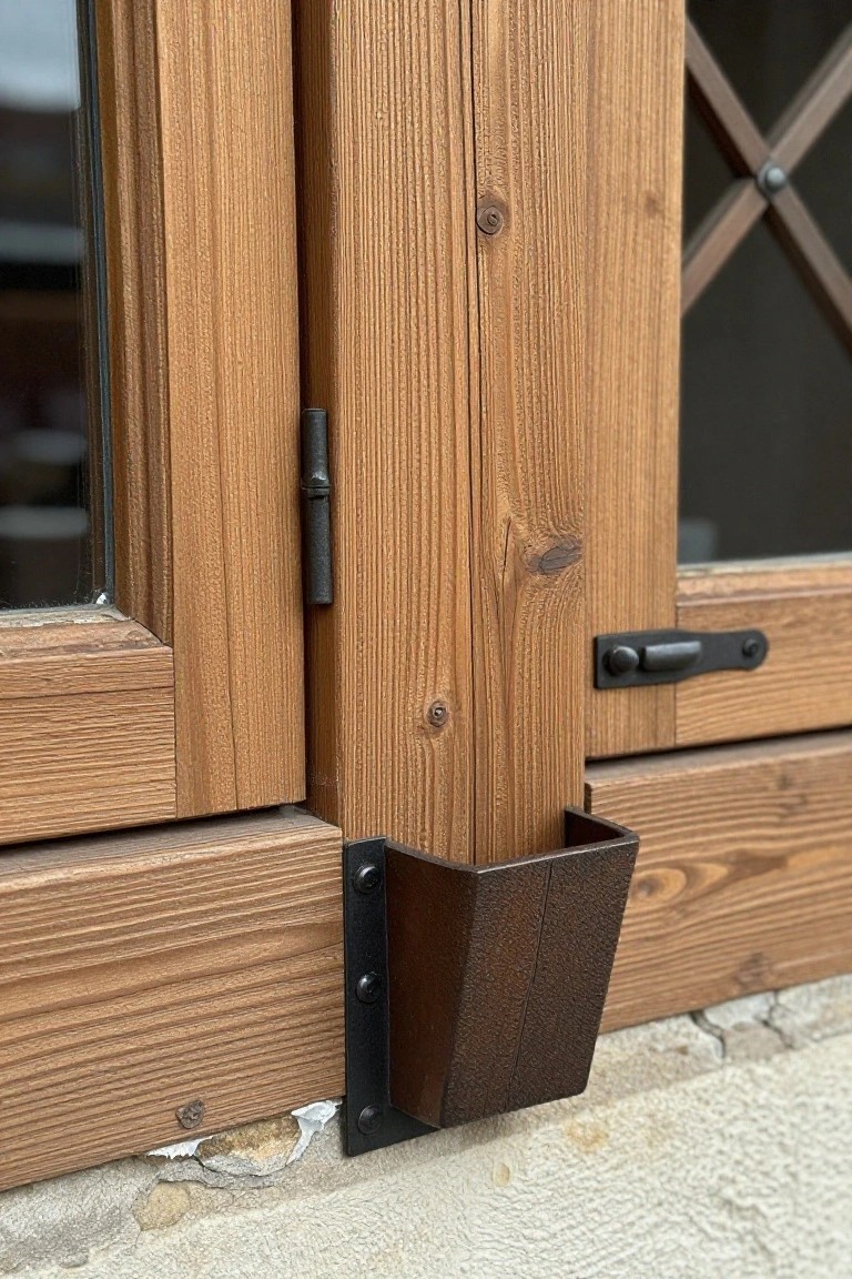 Close-up of a dark stained wooden window frame with diamond-patterned glass panes, black metal hinges and latch, and a small dark wood U-shaped holder bracketed to the bottom frame against a stone wall.