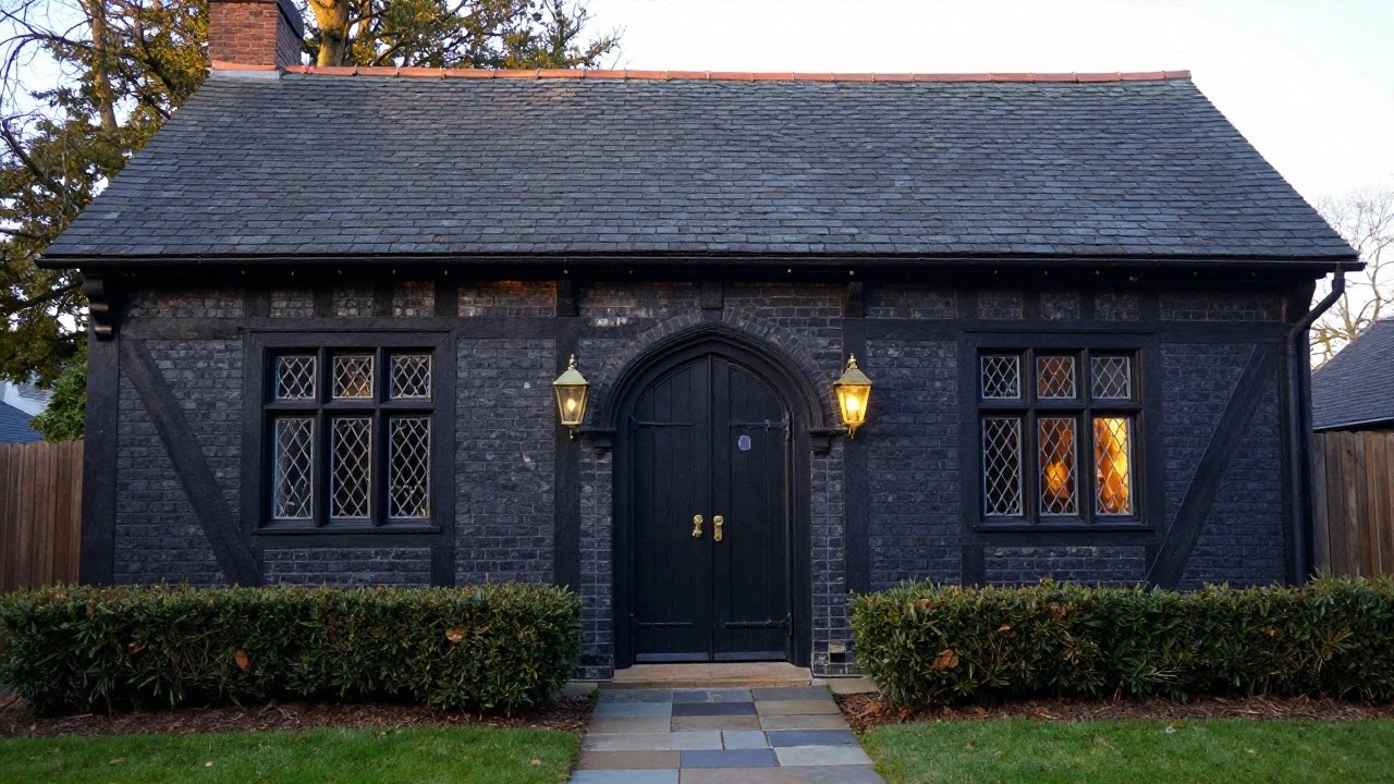 Front facade of a dark brick Tudor house with black timber framing, arched wooden door flanked by two lit lanterns, leaded glass windows, boxwood shrubs, and a slate stone pathway.