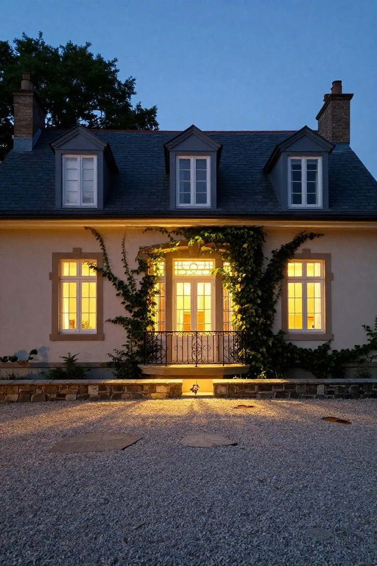 Evening photo of a cream stucco house with dark slate roof, dormer windows, climbing ivy draping the arched entry with lit glass doors and windows, iron balcony, stone base, and gravel driveway.