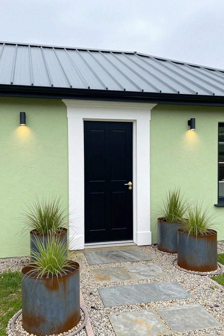 Pale green house exterior with black front door in white trim, flanked by black cylinder wall lights, large rusted metal planters holding grasses, and a stone pathway edged with gravel.