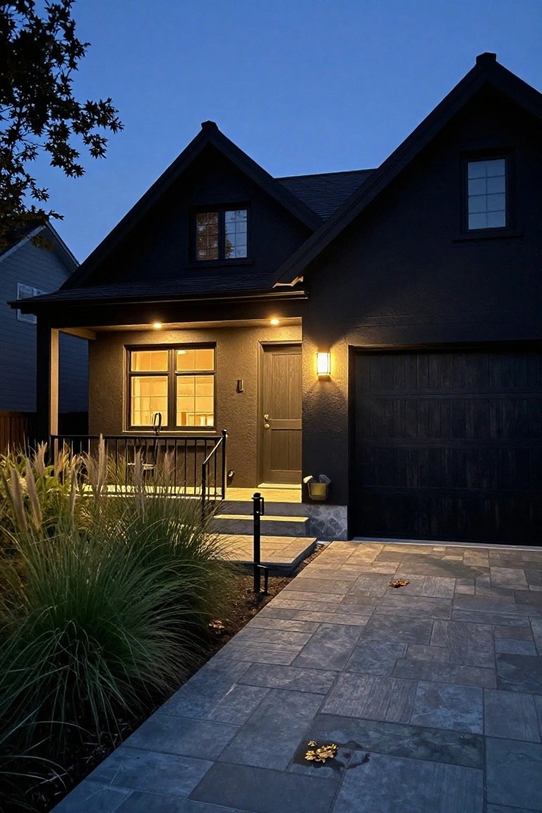 Evening photo of a two-story black modern cottage house with gabled roof, lit front porch, wooden entry door, garage door, paver walkway, and ornamental grasses nearby.