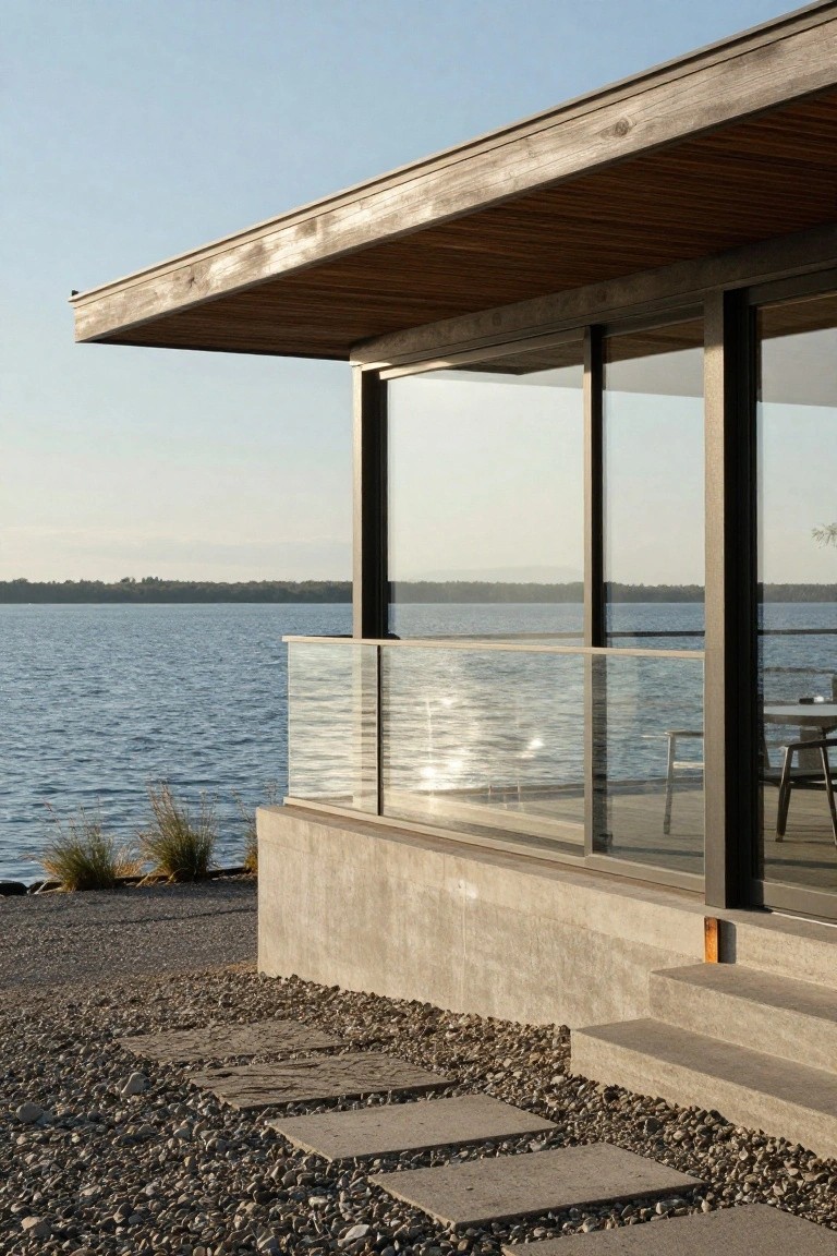 Side view of modern lakeside house exterior showing cantilevered wooden roof over tall glass walls, glass balcony railing facing blue lake water, concrete base with steps and gravel path nearby.