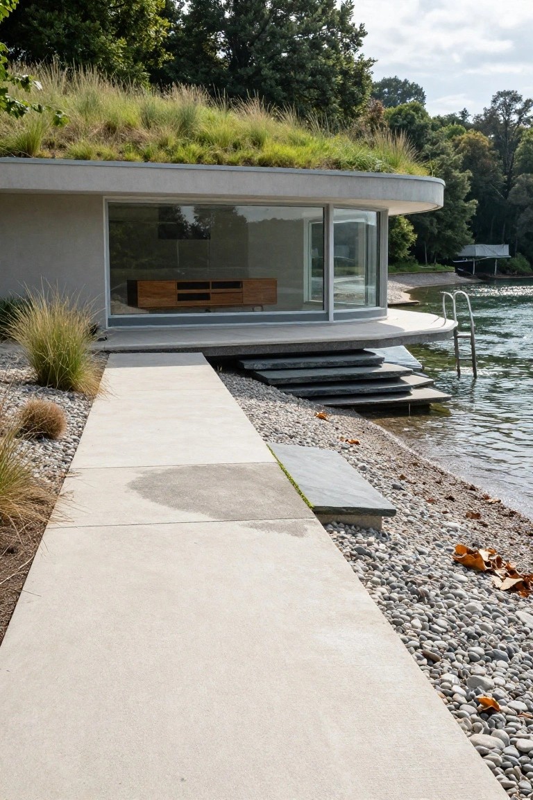 Curved concrete pavilion with green sedum roof overhanging a lake, large glass walls showing wooden cabinet inside, stone steps to water, gravel path edged with grasses, surrounded by trees and pebbles.
